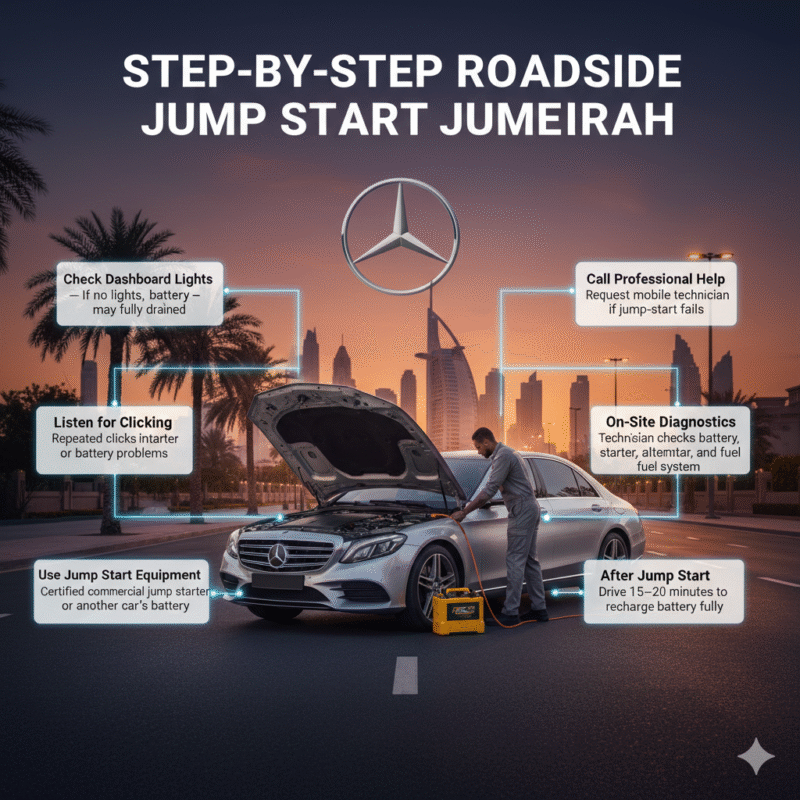 Luxury car stalled on Jumeirah street with roadside technician, infographic showing step-by-step roadside jump start including dashboard check, click detection, certified equipment, professional help, diagnostics, and post-recovery driving