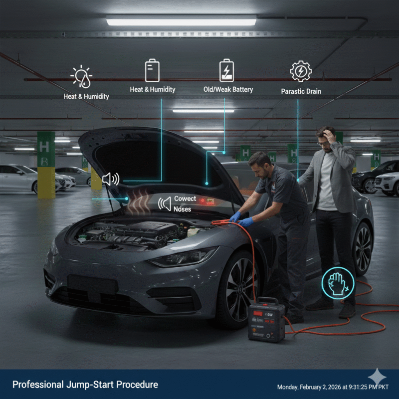 Technician jump-starting a sedan with jumper cables in underground Dubai parking garage.