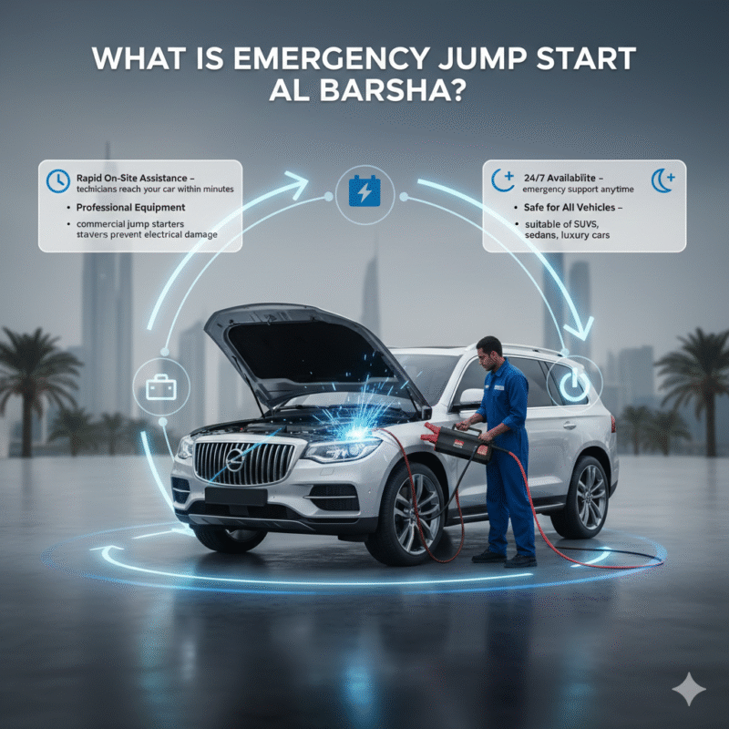 “Luxury car being professionally jump-started in Al Barsha with animated infographic side points explaining emergency roadside assistance.”