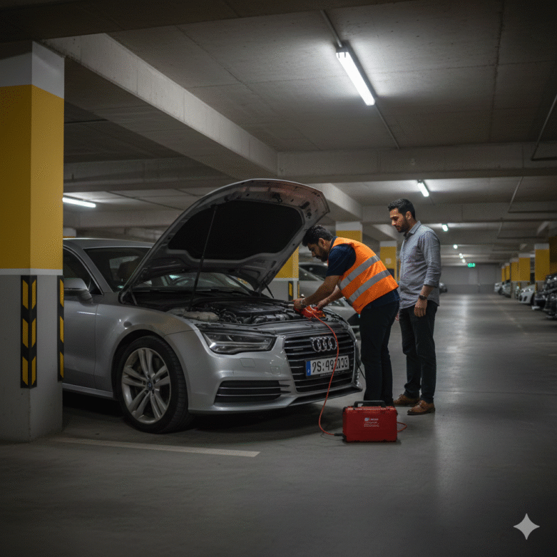 Technician jump starting a dead car battery in an underground parking garage in Dubai.