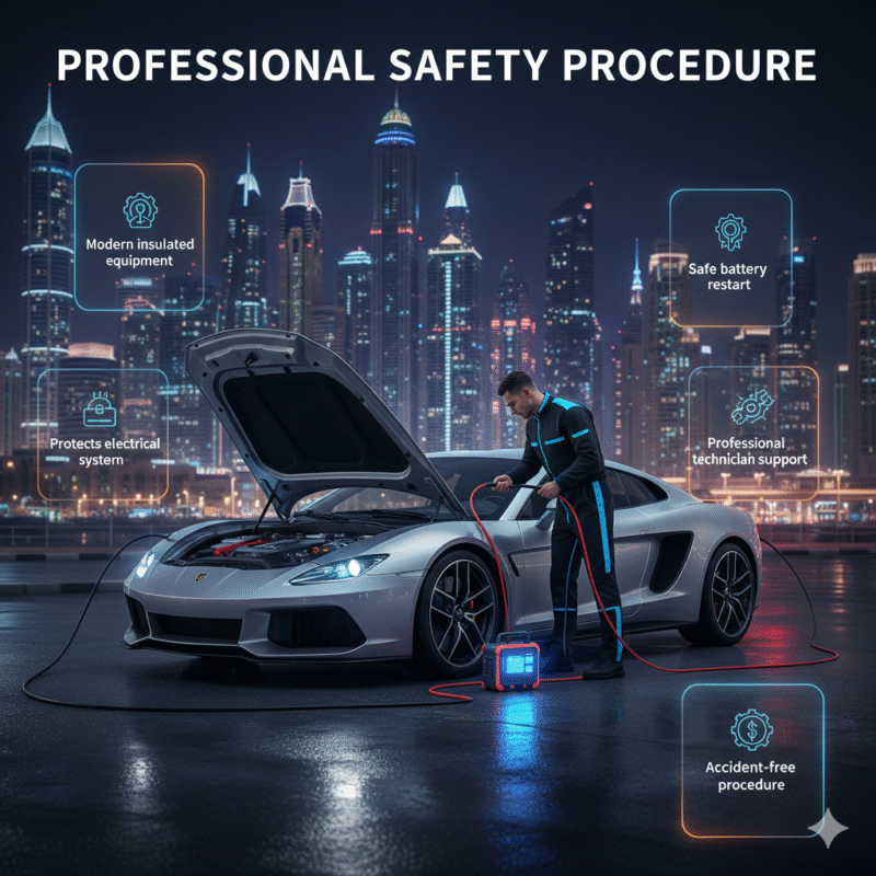 Luxury car receiving a safe jump start using insulated equipment with infographic-style key points on sides