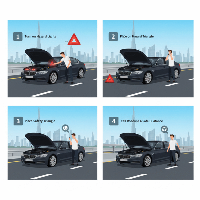 Instructional image showing safety steps when stranded with a dead car in Dubai roadside emergency