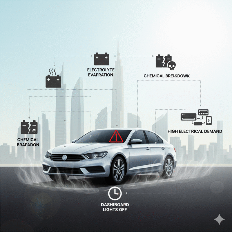 Diagram of a car in Dubai sun showing battery overheating, chemical breakdown, and electrical strain.