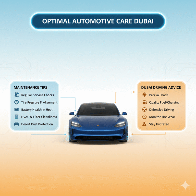 Feature image of a professional automotive user guide. Title at the top, key information points listed on the sides, and a high-end car in the center. Animated infographic-style elements highlight the design.