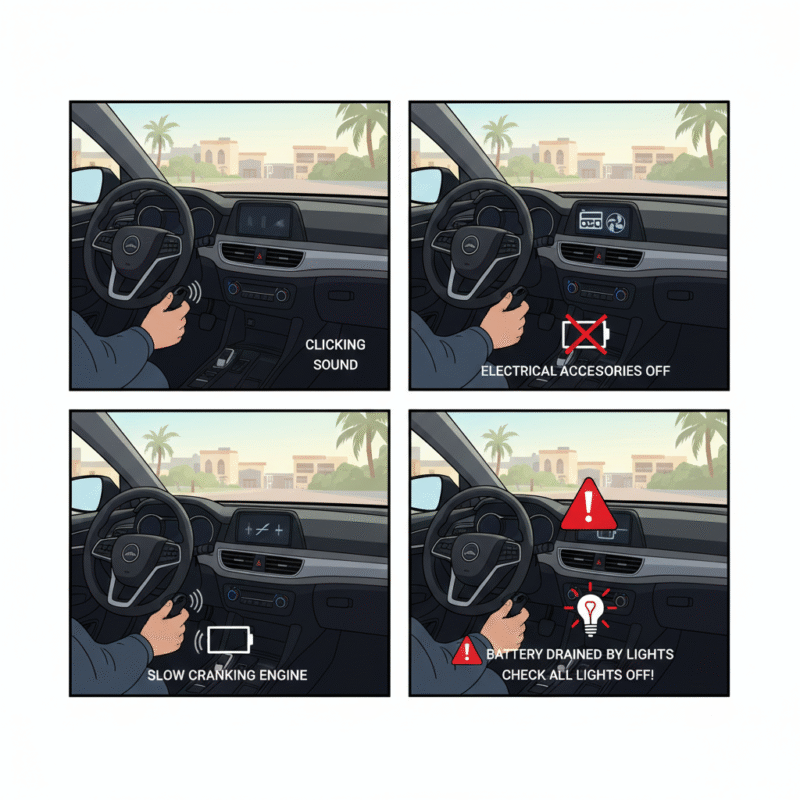 Illustration showing symptoms of a car battery drained by leaving lights on in Dubai, including dim dashboard, clicking sounds, and slow engine response