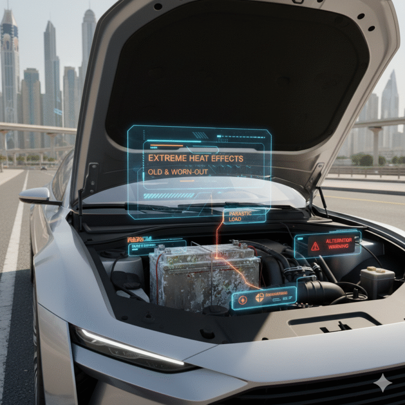 Dubai car with battery dead due to extreme heat, old battery, parasitic electrical load, corroded terminals, faulty alternator, long parking effects