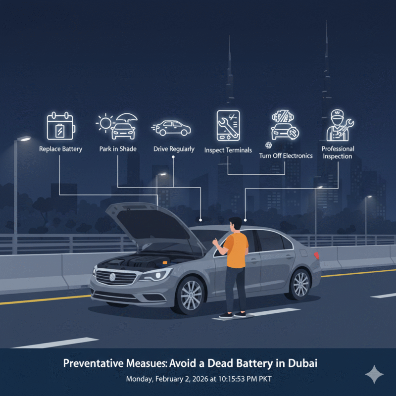 Modern car on Dubai roadside with infographic icons illustrating preventive tips for avoiding dead battery emergencies.
