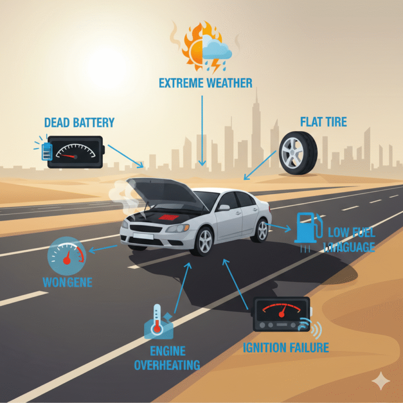 Infographic showing battery failure, engine issues, flat tire, fuel shortage, ignition faults, and extreme weather as causes of car stuck before appointment Dubai