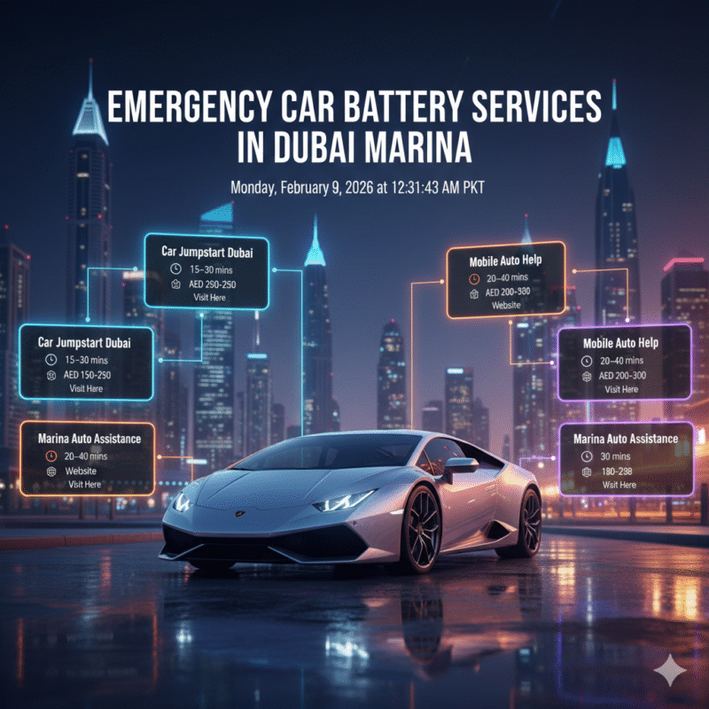 "Infographic-style feature image showing emergency car battery services in Dubai Marina, with luxury car at center and service details displayed on sides."