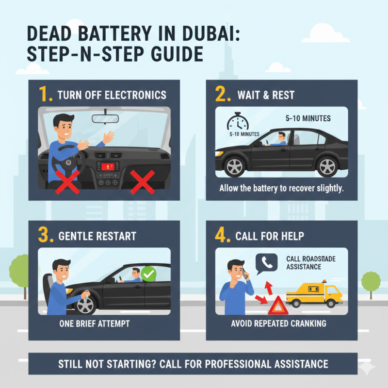 Illustration showing step-by-step actions when battery dies after short trips in Dubai, including turning off electronics, resting, gentle restart, and calling roadside assistance
