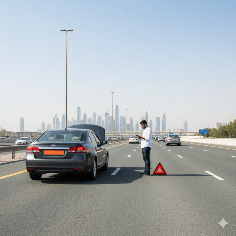 Person turning on hazard lights and securing a broken car on a Dubai roadside**