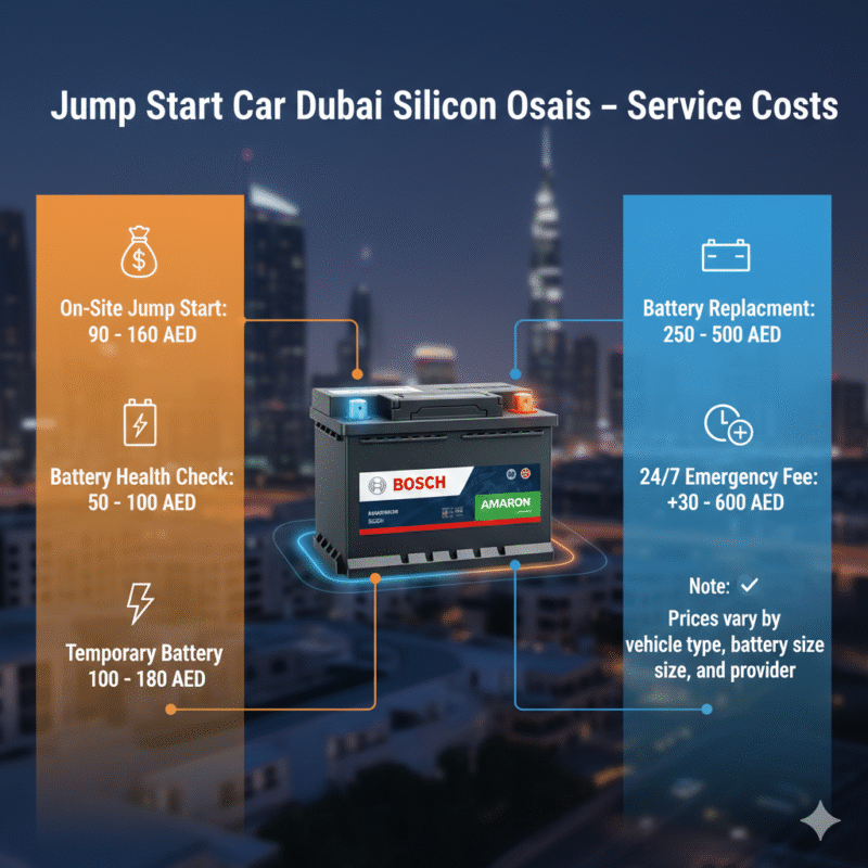 “Animated-style feature image showing service costs for jump start car services in Dubai Silicon Oasis, title on top, central premium car or battery image, service prices displayed on sides with icons.”