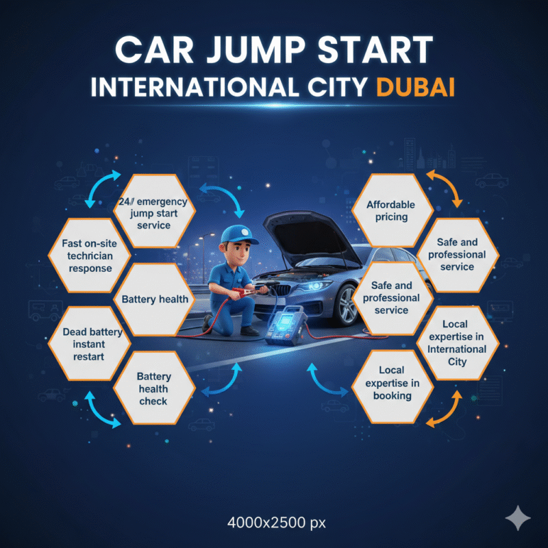 Animated infographic showing "Car Jump Start International City Dubai" with central brand image and key service points displayed on sides.