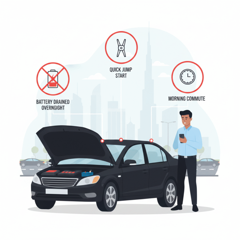 Illustration of a car stuck before work in Downtown Dubai with dim dashboard lights, driver checking battery, and professional roadside assistance arriving