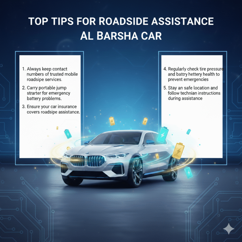 Feature image showing 'Top Tips for Roadside Assistance Al Barsha Car' title at the top, luxury car in the center with glowing battery symbols, and top tips displayed on the left and right sides.
