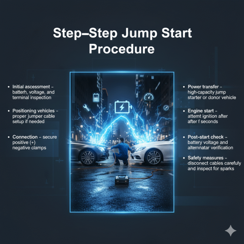 "Premium feature image showing step-by-step jump start procedure, with title on top, key steps on sides, and central luxury vehicle or technician scene with animated highlights."