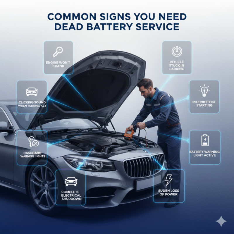 Visual infographic showing common warning signs of a dead car battery with key points on sides and a central roadside technician performing battery check.