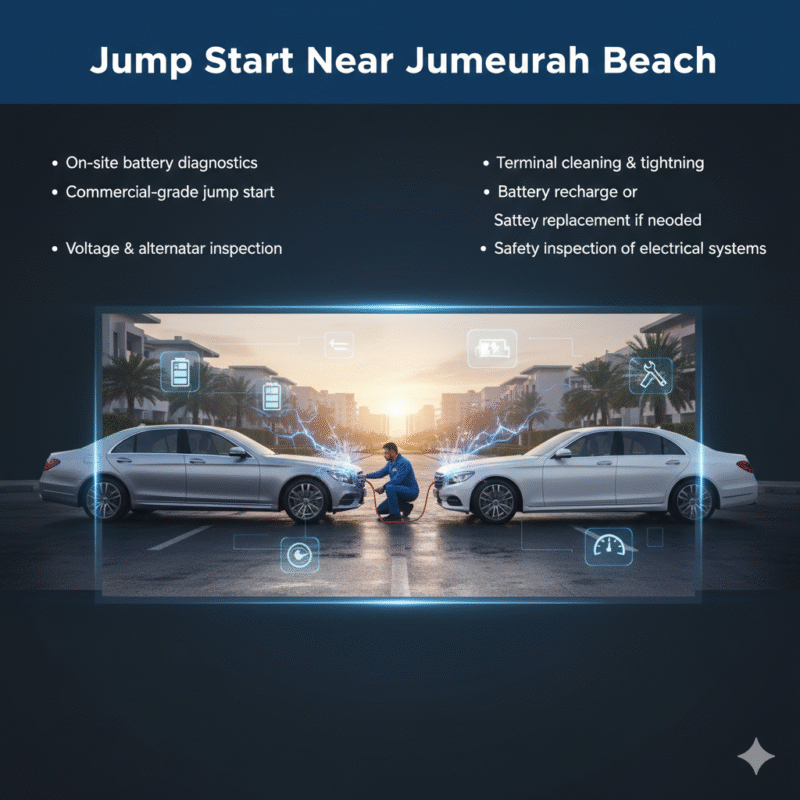 "Premium feature image showing Jump Start Near Jumeirah Beach with top title, key points on sides, and central luxury vehicle or technician scene with animated energy highlights."