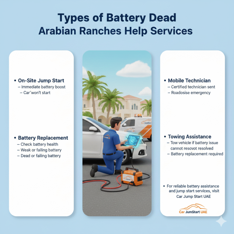 "Animated 3D illustration showing a technician performing jump-start and battery replacement services in Arabian Ranches, with side spaces for service points and Car Jump Start UAE branding."
