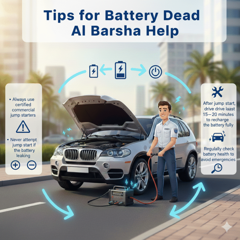 “Animated infographic-style feature image showing a luxury car in Al Barsha being safely jump-started by a certified technician, with side panels displaying key tips for battery dead help and a dynamic title on top.”