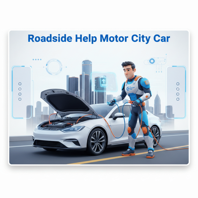 "Animated roadside assistance scene in Motor City showing a technician jump-starting a car, with title at the top and space for bullet points on sides."