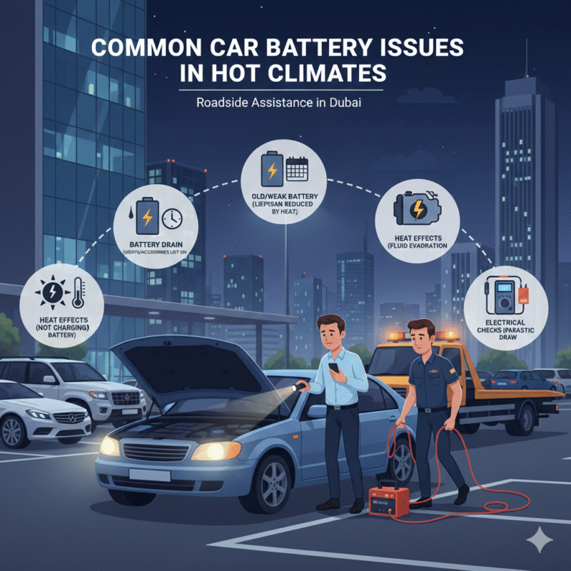 Car dead after work in Dubai office parking, driver receiving jump start from technician, illustrating battery failure causes and solutions.
