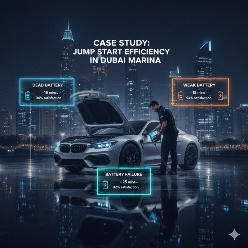 Infographic-style case study showing jump start efficiency, response times, and customer satisfaction in Dubai Marina
