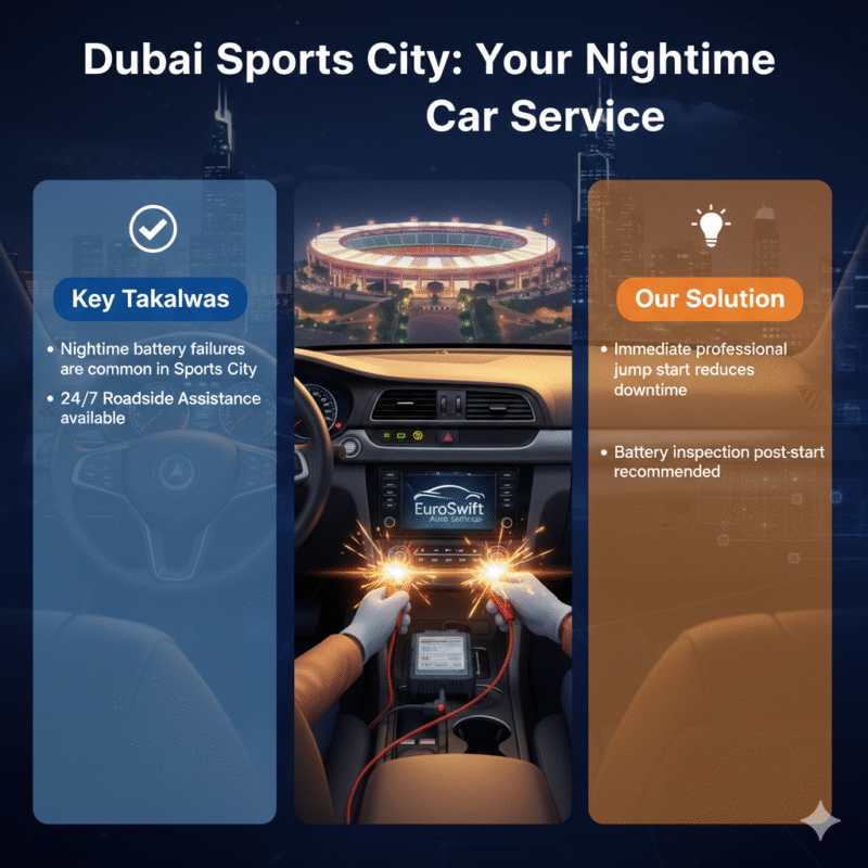 “User guide illustration showing the title at the top, key points on the sides, and a central animated car jump start scene with a professional brand logo.”