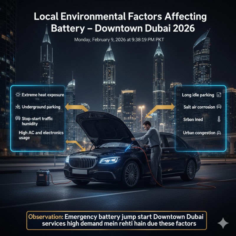 Infographic showing local environmental factors in Downtown Dubai affecting vehicle battery life and performance with certified emergency jump start service