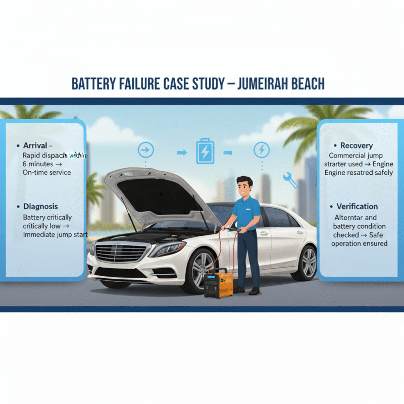 “Animated infographic-style feature image showing a luxury sedan at Jumeirah Beach being jump-started by a technician, with side panels displaying step-by-step case study stages and title on top.”
