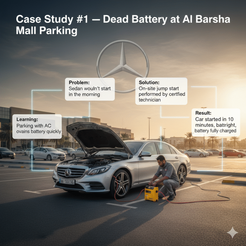 Luxury sedan at Al Barsha Mall parking with certified roadside technician performing jump start, infographic showing case study details including problem, solution, result, and learning