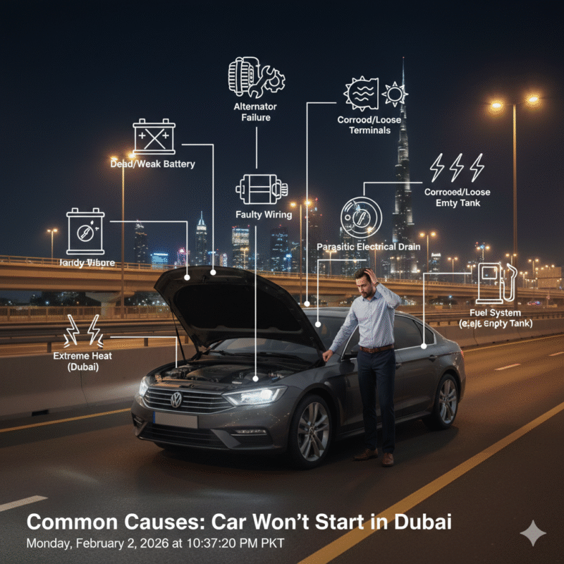 Modern sedan on Dubai roadside with hood open and infographic icons illustrating engine failure causes.