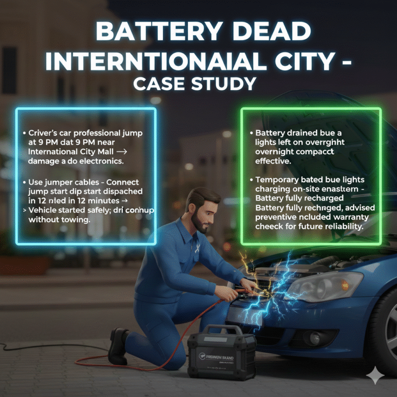 Animated-style infographic showing a professional technician performing a car battery jump start in International City Dubai. Title "Battery Dead International City – Case Study" at the top. Key case study points are listed on the sides as bullet points.