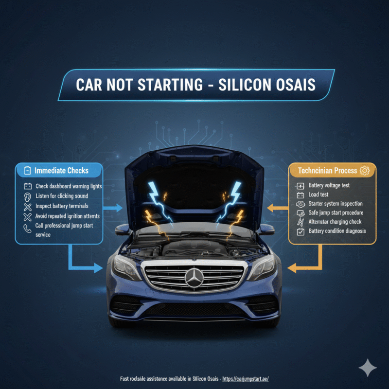 Professional infographic titled “Car Not Starting – Silicon Oasis” with immediate troubleshooting steps on the left, technician process steps on the right, and a luxury branded car in the center connected with animated arrows and battery icons.