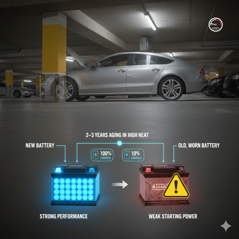 Old or Low-Quality Car Battery Failure in Underground Parking Illustration comparing a new car battery and an old worn battery failing in an underground Dubai garage.