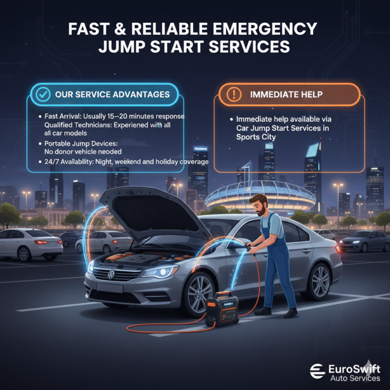 “User guide illustration showing the title at the top, key points on the sides, and a central animated car jump start scene with a brand logo.”