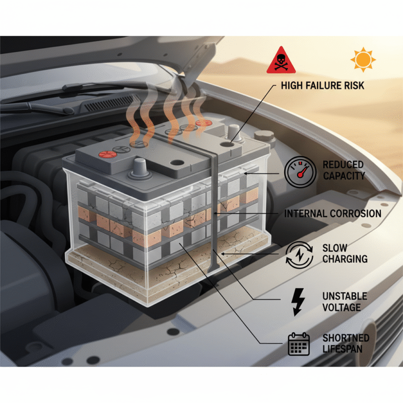 Diagram showing reduced capacity, slow charging, and high failure risk in a battery after dying in Dubai desert heat