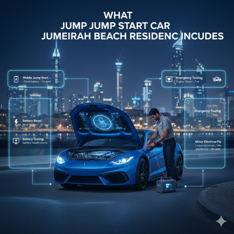 Infographic showing jump start services for cars in Jumeirah Beach Residence with technician assisting luxury car