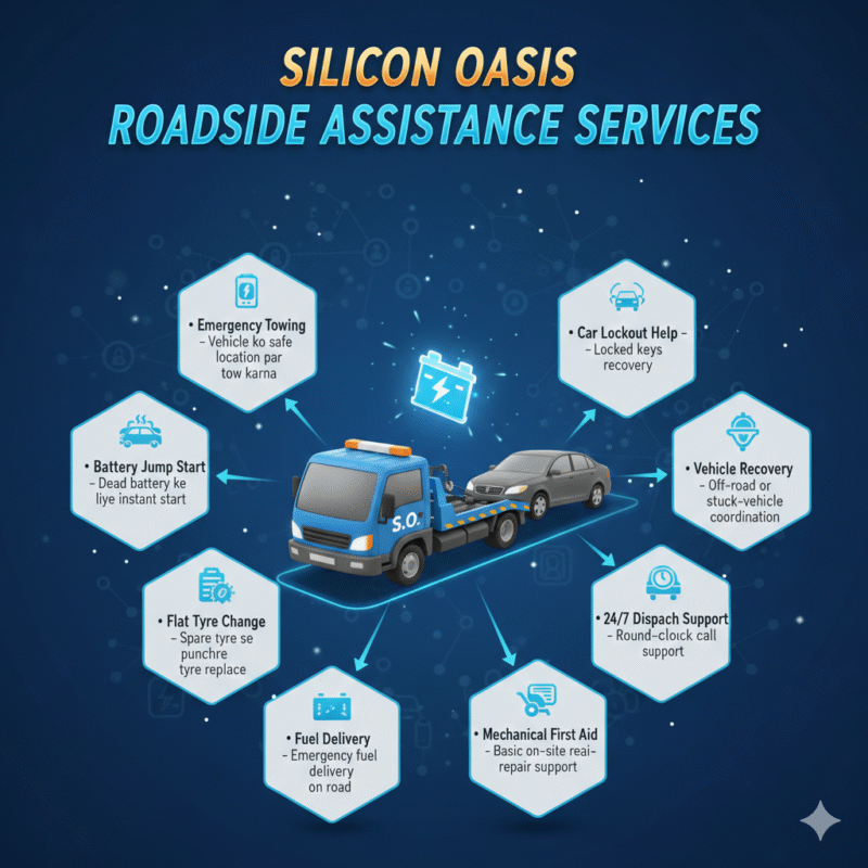 Animated infographic showing Silicon Oasis Roadside Assistance Services with central brand image and key service features displayed on the sides.