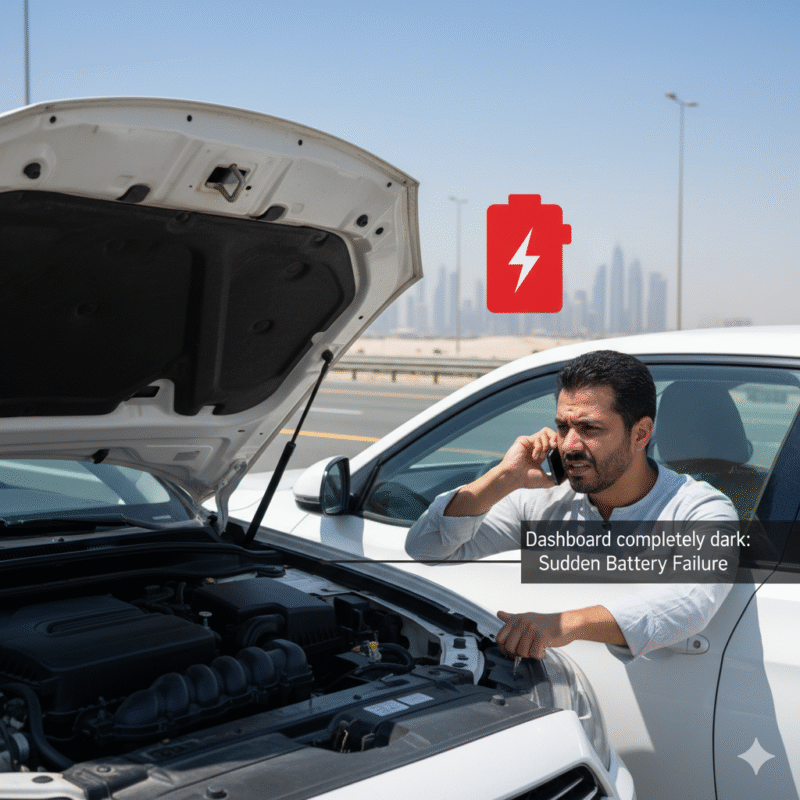 Car with engine not starting and dark dashboard illustrating battery failed without warning Dubai with driver calling for roadside assistance