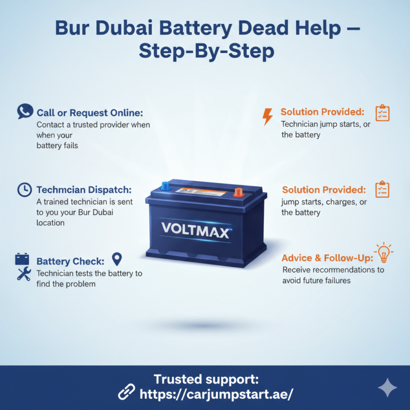“Animated-style feature image showing step-by-step Bur Dubai battery dead help, title on top, premium battery in center, step process displayed on sides with icons.”