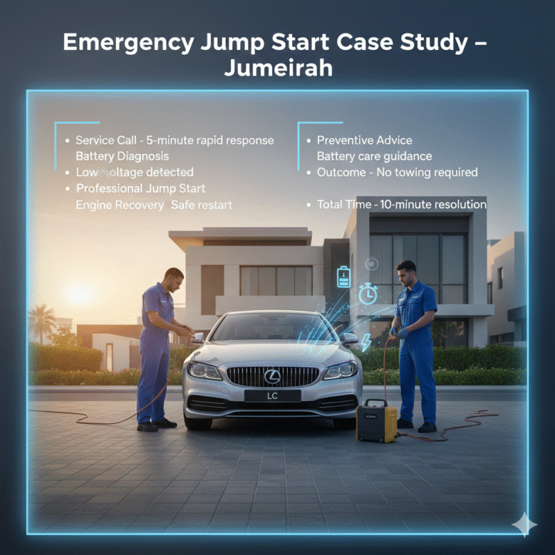 "Premium case study image showing emergency car jump start in Jumeirah with luxury sedan, technicians working, and side summary points."