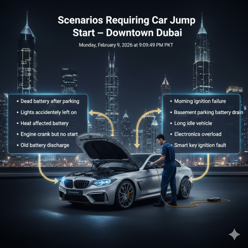 Infographic showing common scenarios in Downtown Dubai where professional car jump start is required with luxury vehicle and certified technician