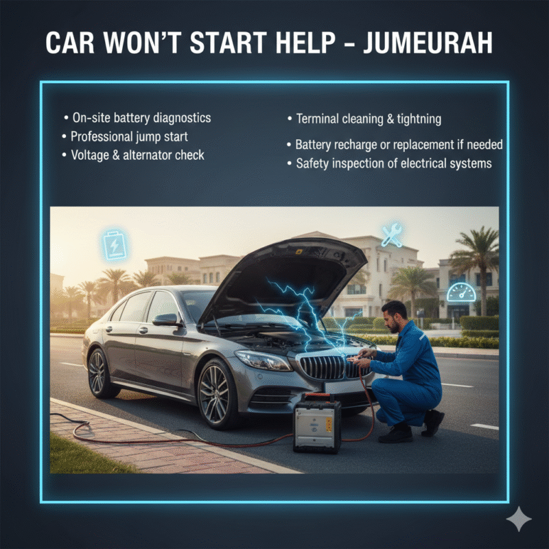 "Premium user guide image showing Car Won’t Start Help in Jumeirah, with top title, key points on sides, and central luxury roadside technician or vehicle scene with animated highlights."
