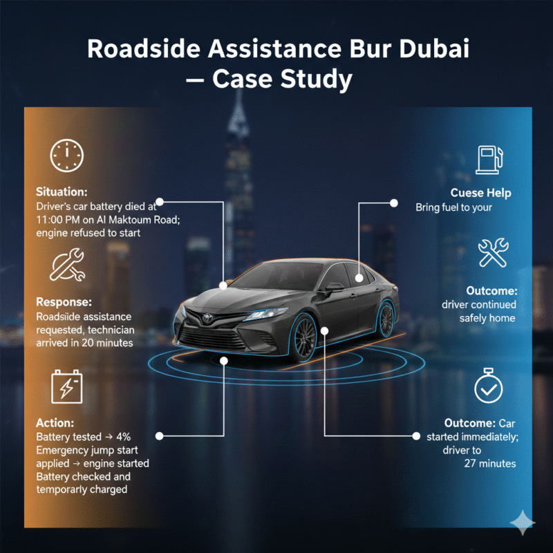“Animated-style feature image showing a real-life roadside assistance case study in Bur Dubai, title on top, central premium car or battery image, case study points displayed on sides with icons.”