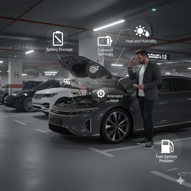 Modern sedan in underground Dubai garage with hood open, showing battery, alternator, and engine issues causing car not to start after long parking.