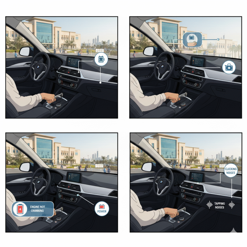 Illustration showing symptoms of a car failing to start in Dubai school pickup parking area