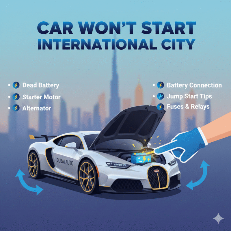 "User guide illustration showing a branded car with hood open and key points for resolving 'Car Won’t Start International City' displayed on both sides in an animated infographic style."