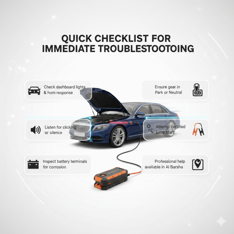 "Visual troubleshooting checklist showing a luxury car with jump starter connected and animated side panels listing dashboard check, clicking sound, battery inspection, gear position, and certified jump start steps."