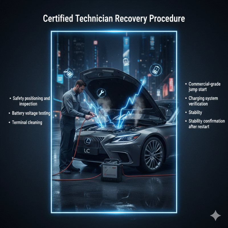 "Premium guide image showing certified technician emergency battery recovery procedure, with top title, side bullet points, and central luxury vehicle scene with animated energy highlights."